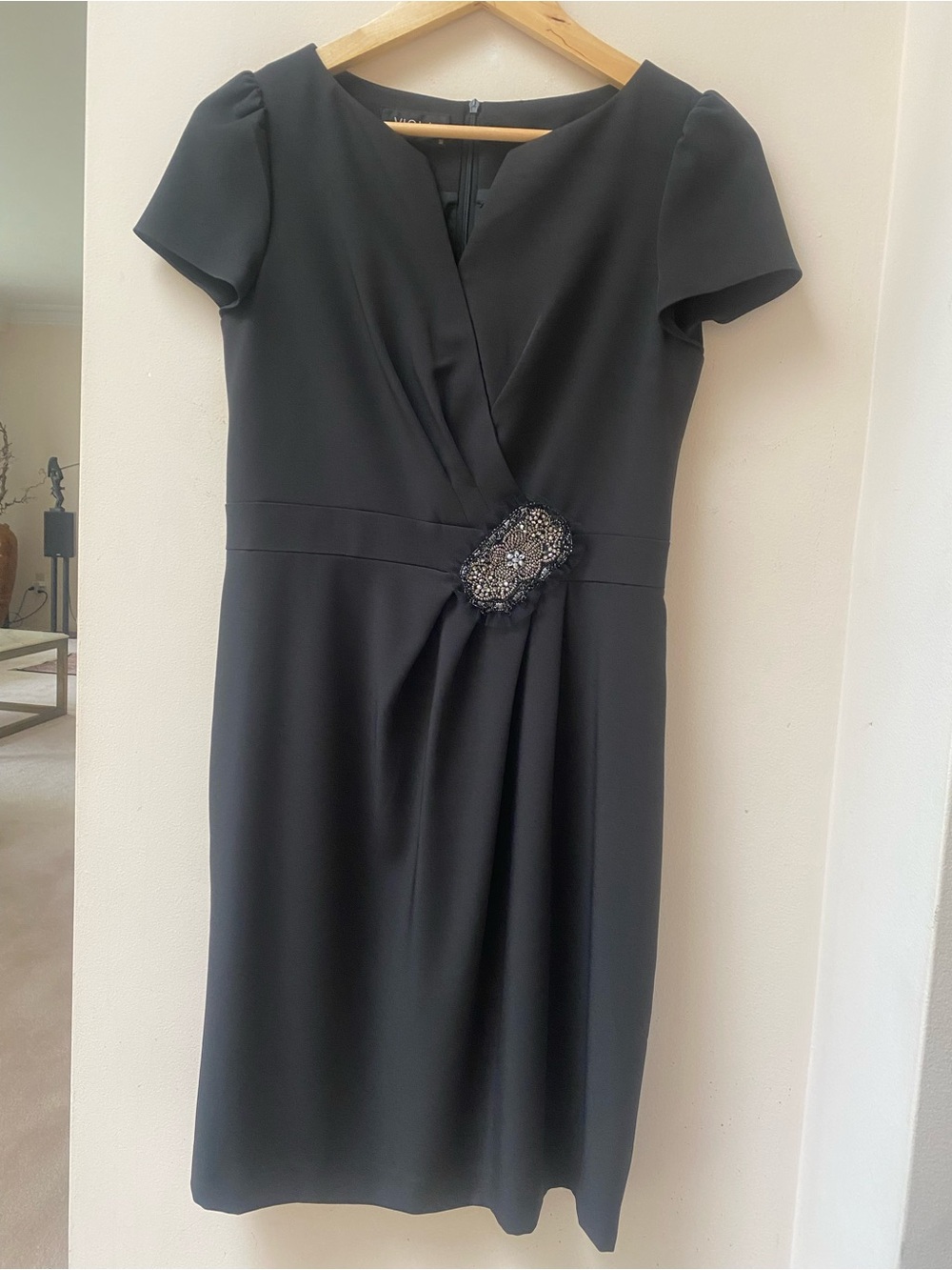 Black Short-Sleeve Dress with Beaded Waist Accent. Size M
